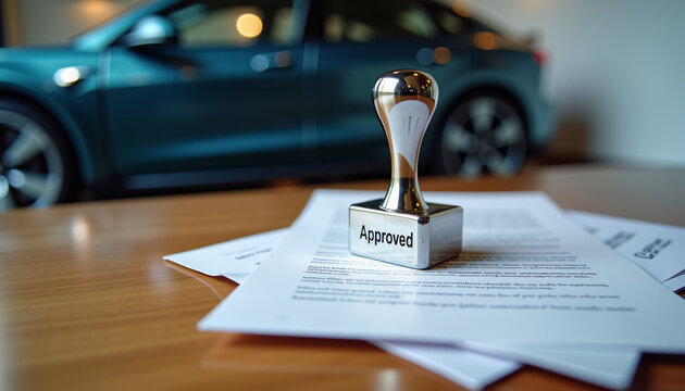 Car loan approval with stamp on documents and car in background