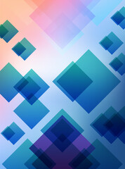 Abstract Background with Overlapping Translucent Squares and Diamonds in Blue, Teal, and Purple with Gradient Peach-to-Blue Background and Layered Transparency for Depth