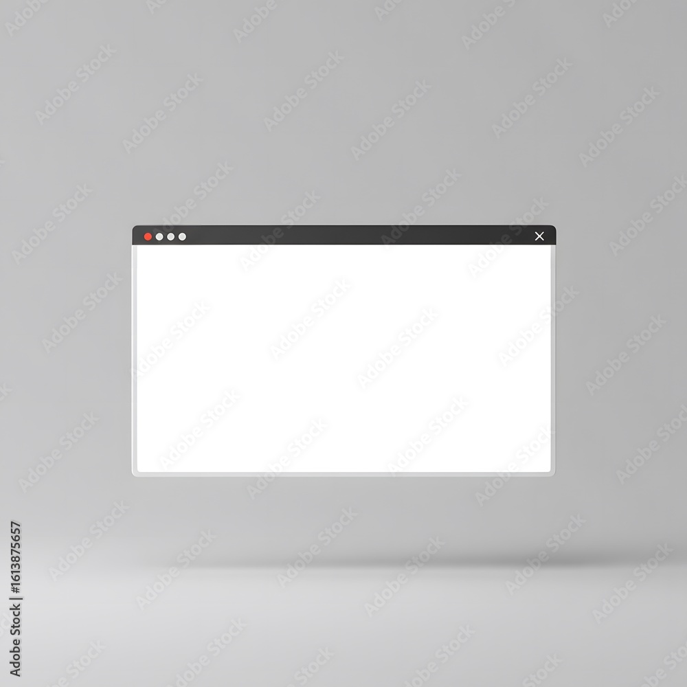 Poster photo of a floating browser window with a blank white screen, isolated on white background, ready fo