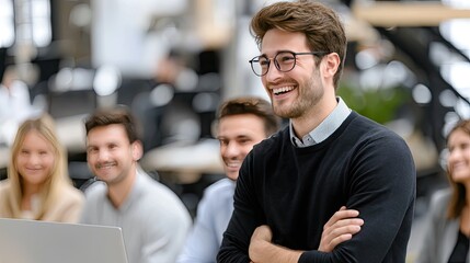 A man is actively leading a team meeting with focused employees in a well-lit office space featuring a whiteboard