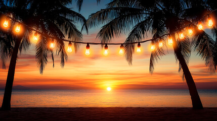 Tropical beach sunset with palm trees and string lights creating a festive atmosphere