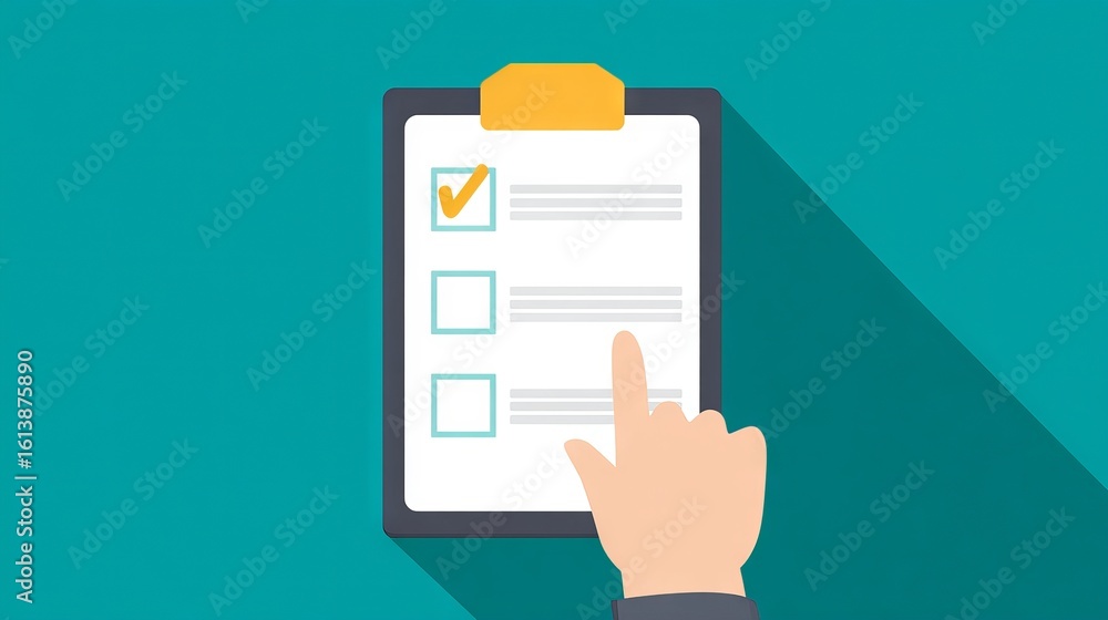 Poster hand pointing at checklist on clipboard with completed task, illustrating organization and productiv