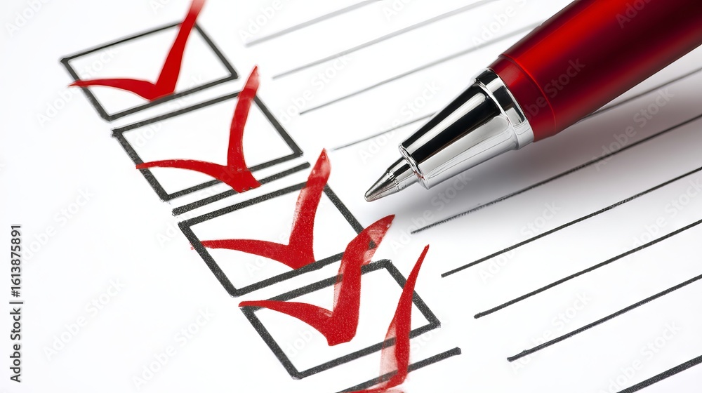 Poster checklist with red check marks and a silver pen resting on a white paper, illustrating organization,