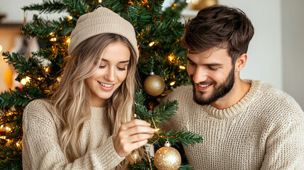 Young couple decorating Christmas tree together with ornaments and string lights