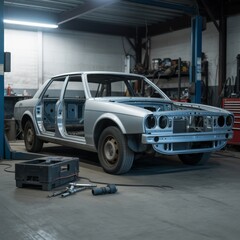 Obraz premium Silver car body undergoing restoration car restoration
