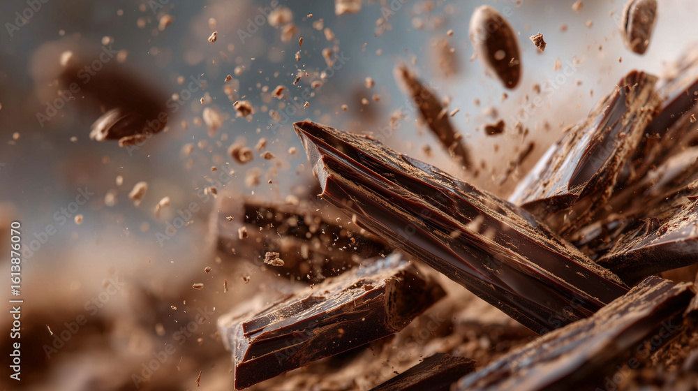 Poster close-up of glossy dark chocolate shards spinning in air, sprinkled with cocoa dust, creating a visu