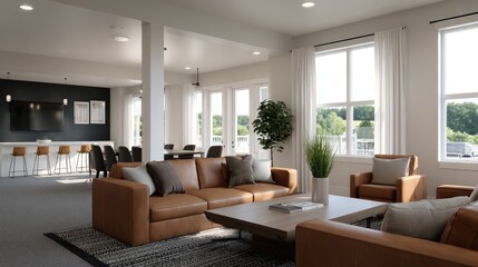 Fototapeta premium Cozy living room with mid-century furnishings, bright natural light, and a stylish boho rug creates a welcoming atmosphere for relaxation