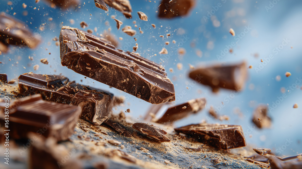 Poster close-up of glossy dark chocolate shards spinning in air, sprinkled with cocoa dust, creating a visu