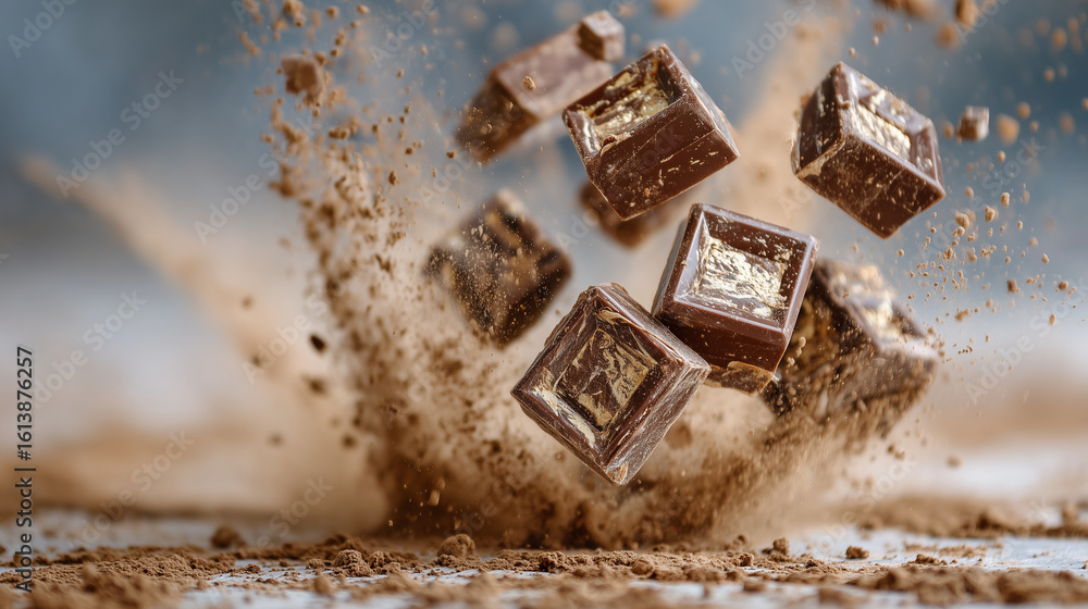 Poster flying chocolate cubes and shavings captured in slow-motion explosion, cocoa powder creating soft br
