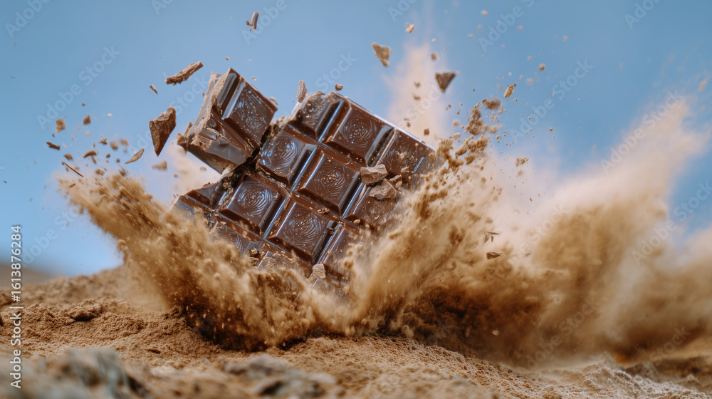 Poster flying chocolate cubes and shavings captured in slow-motion explosion, cocoa powder creating soft br