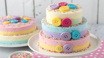Whimsical stack of pastel cakes with rainbow sprinkles. AI GENERATED.
