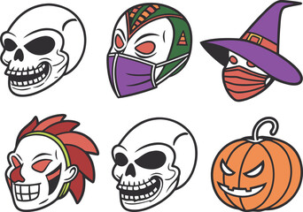 Halloween mask set with spooky designs and vibrant festive colors perfect for seasonal artwork and party themes. Halloween mask set featuring scary faces and detailed patterns ideal