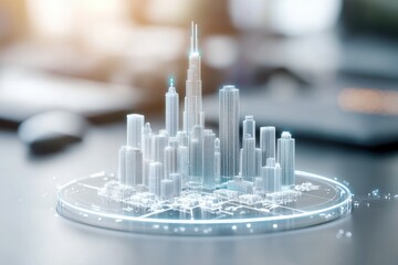 A futuristic digital hologram of a cityscape with skyscrapers displayed on a transparent circular platform.