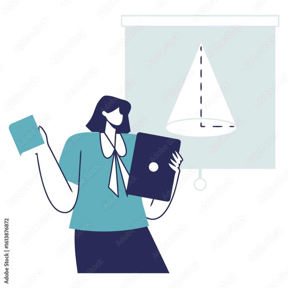 Poster confident educator presents geometric concepts using laptop and book near projection screen displayi