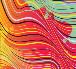 Vibrant abstract pattern with swirling, wavy lines in red, orange, yellow, and multicolor tones; flowing design features layered curves and scattered circular accents