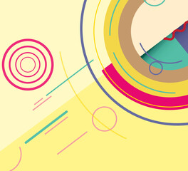 Vibrant abstract design with concentric circles in pink, yellow, and beige, surrounded by radiating stripes and curves in teal, red, and purple over a pale yellow background.
