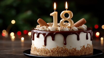Delightful birthday cake showcases two candles marking the 18th birthday, embellished with red glitter sprinkles and creamy frosting