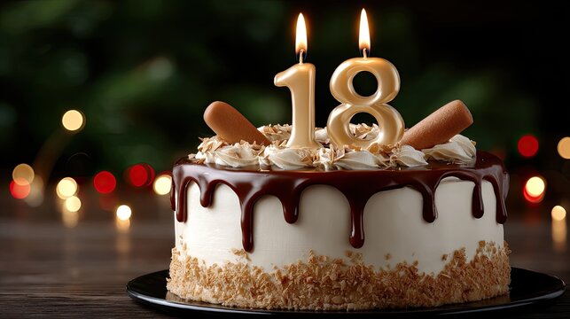 Delightful birthday cake showcases two candles marking the 18th birthday, embellished with red glitter sprinkles and creamy frosting