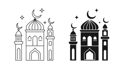Islamic Mosque Icons Set . Line and Silhouette. Vector.