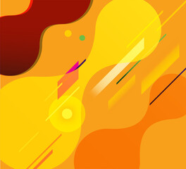 Vibrant abstract design with fluid orange and yellow blob-like shapes, accented by red, pink, and white highlights, interspersed with dynamic geometric elements