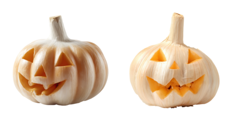 Halloween craft features two carved garlic bulbs with spooky faces glowing softly in warm light