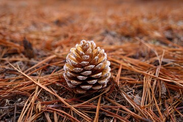 Pinecone on dry, fallen pine needles, creating an autumnal texture and neutral color palette