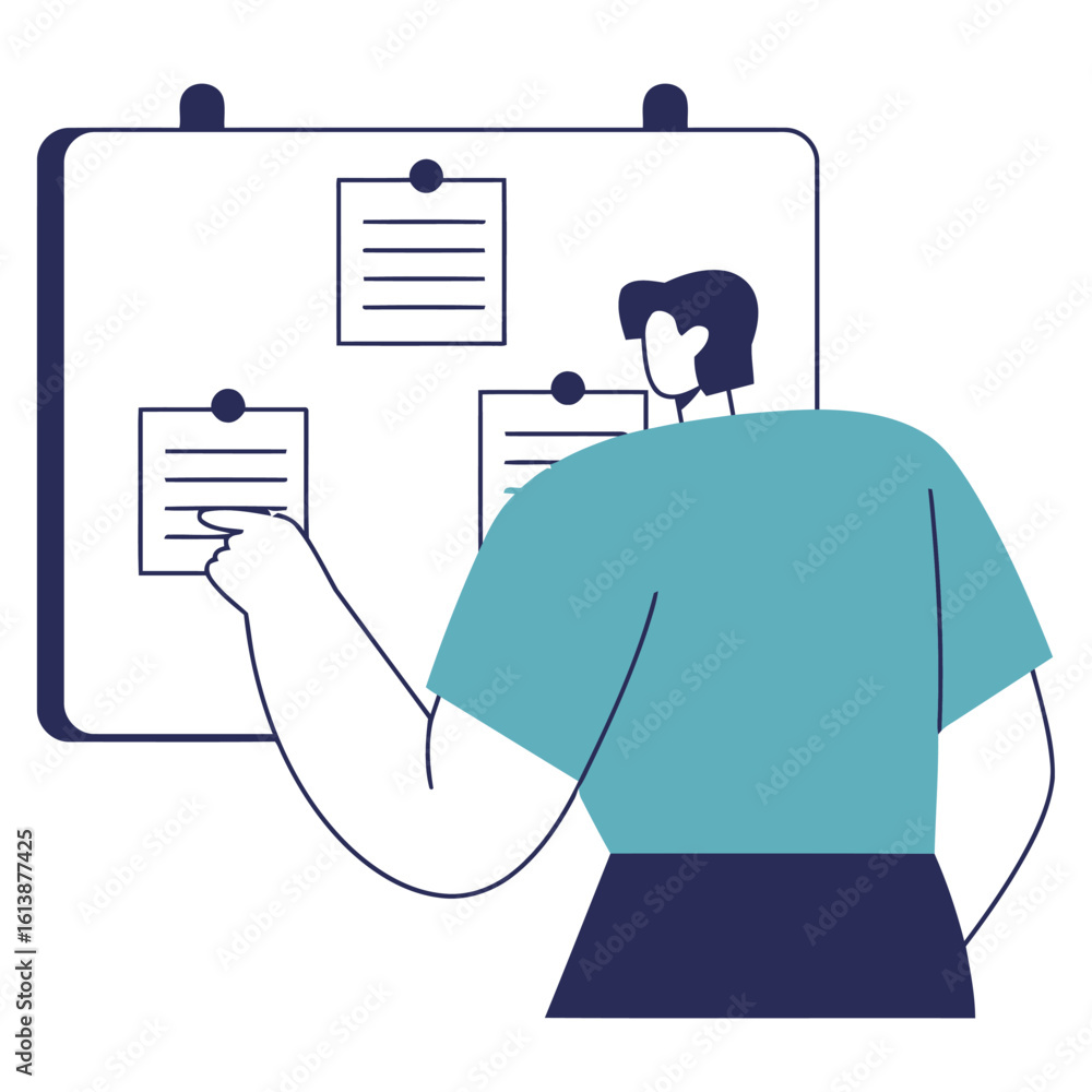 Poster confident professional planning strategy on whiteboard, analyzing tasks and progress for successful 