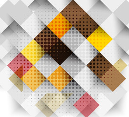 Colorful geometric pattern with overlapping 3D-effect squares in warm shades of orange, yellow, red, and brown with halftone textures on a light background