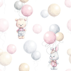 Seamless pattern with bear and bunny holding pastel balloons. Soft flying balloons and animals in gentle colors. Hand painted watercolor illustration. Perfect for baby decor, fabric, wallpapers
