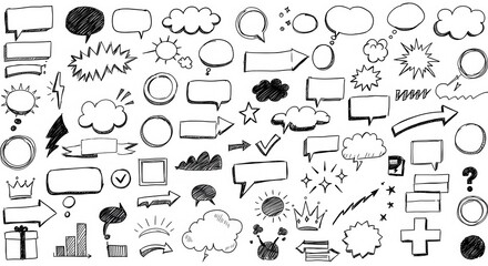 Collection of hand drawn speech bubbles and comic elements in a doodle style silhouette