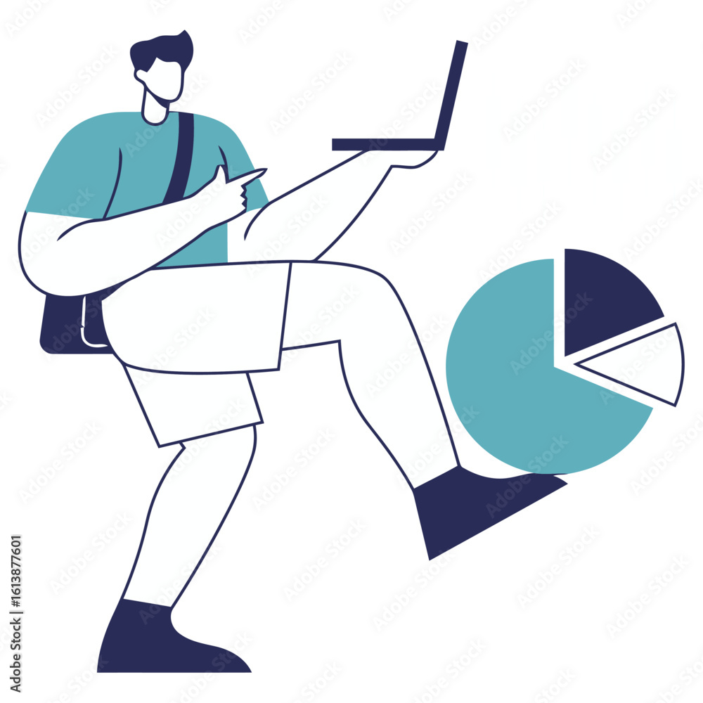 Poster dynamic analyst confidently navigates financial markets using laptop, showcasing growth data with pi