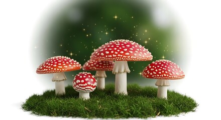 Magical red and white spotted mushrooms on moss