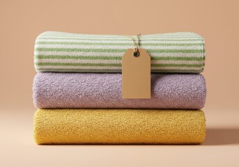 Neatly rolled and stacked towels with a blank tag on a neutral background