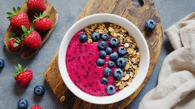 Vibrant dragon fruit smoothie bowl with fresh blueberries, strawberries, and granola. Healthy eating concept for a nutritious breakfast.