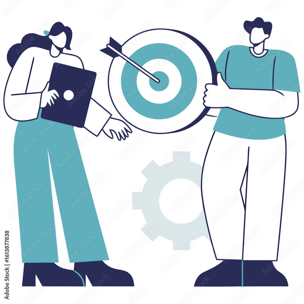 Poster dynamic team collaborates on strategy, hitting bullseye targets with gears symbolizing efficient bus