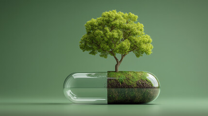 Tree Growing From Pill Capsule Concept for Environmental Conservation and Health