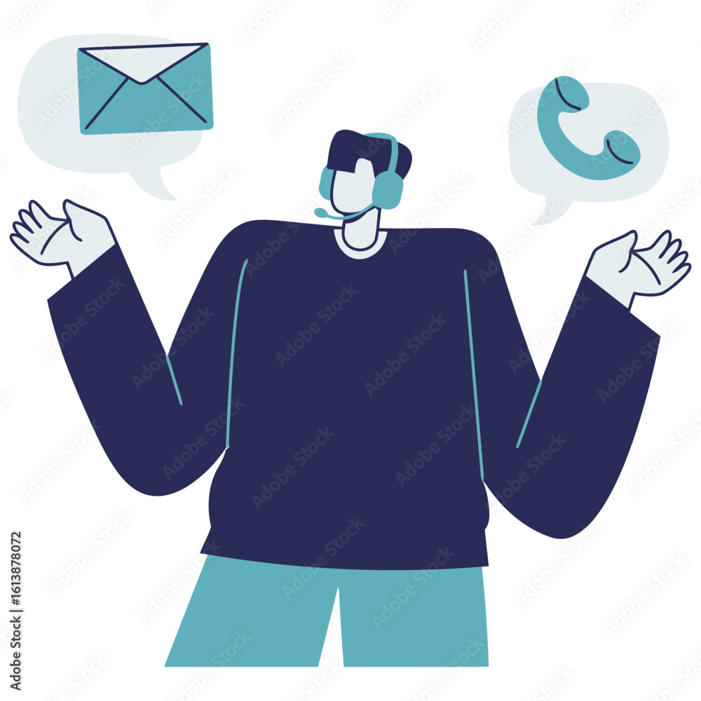 Poster dynamic customer service agent with headset and communication bubbles showcasing email and phone sup