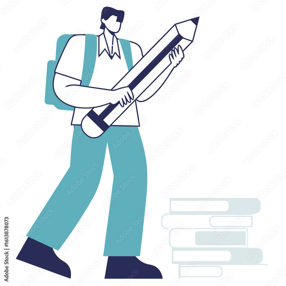 Poster inspiring student with backpack holding giant pencil near stack of books, ready to learn and create 