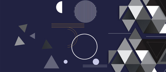 Minimalist abstract geometric background with navy blue base, layered gray triangles, crescent and circle shapes, and light beige lines creating a modern tessellated design
