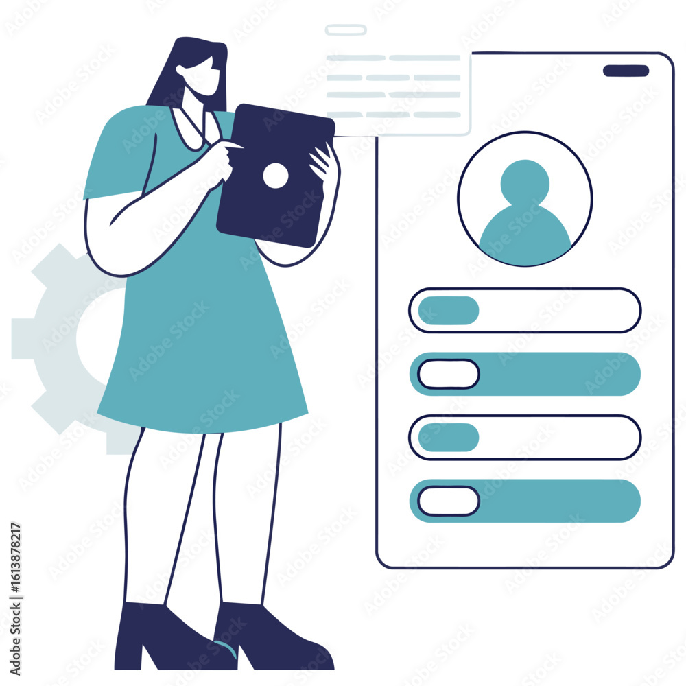 Poster confident woman analyzing user data on a digital interface, showcasing profile progress and analytic