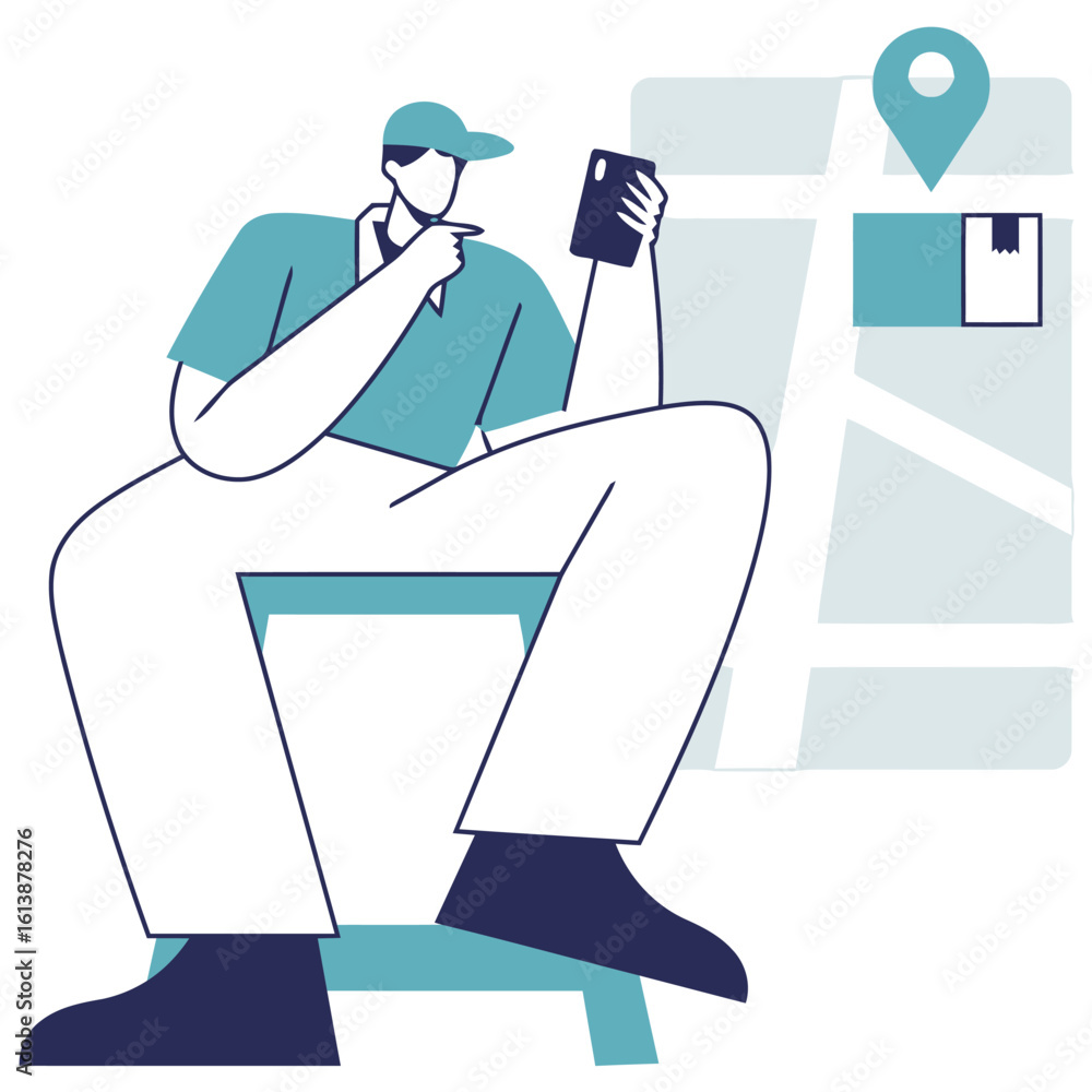 Poster modern delivery person checks smartphone for route updates beside a map showing package tracking and
