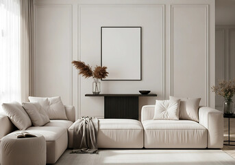 Photo of elegant sectional sofa in a neutral tone with a blank frame on the wall