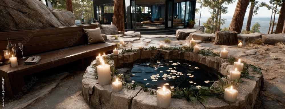 Poster relaxing atmosphere created by a poolside setup with candles and glasses of champagne, complemented 