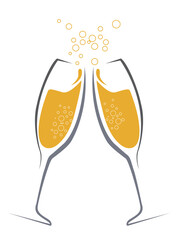 Minimalist champagne toast illustration with two stylized flutes outlined in gray, filled with golden liquid and festive bubbles rising between the glasses.