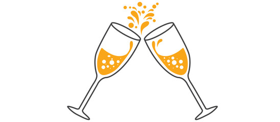 Elegant champagne toast illustration with two flutes outlined in dark gray, filled with amber liquid and celebratory splash above minimalist and festive design