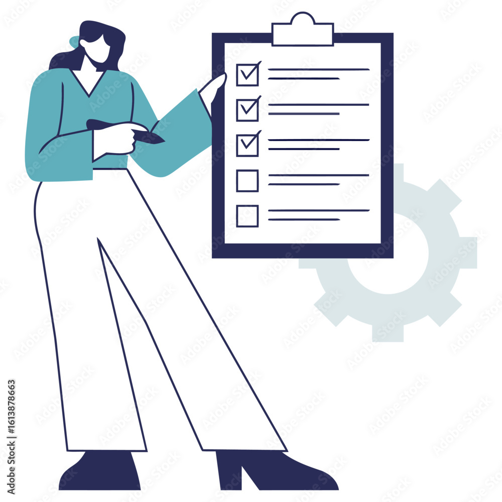 Poster dynamic professional woman confidently checks off tasks on a clipboard, symbolizing progress and eff