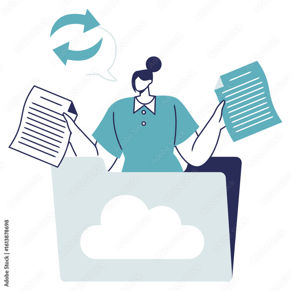 Poster professional woman organizing digital documents and cloud data, symbolizing efficient information ma