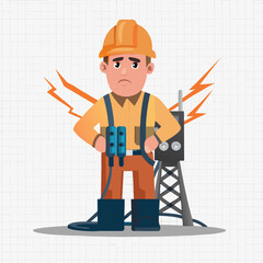 Set of funny cartoon construction worker characters with tools and safety helmets