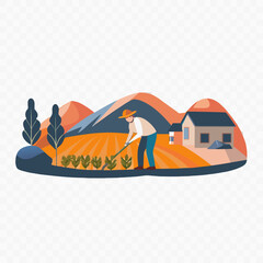 Vector illustration of a cartoon house in a summer landscape with mountains, trees, and a sky