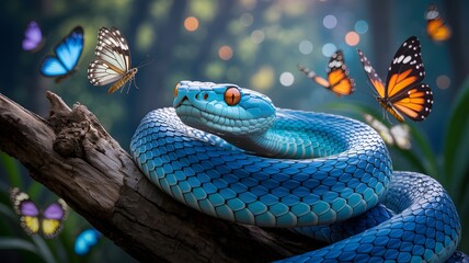 Fototapeta premium Blue Snake with Butterflies on Branch